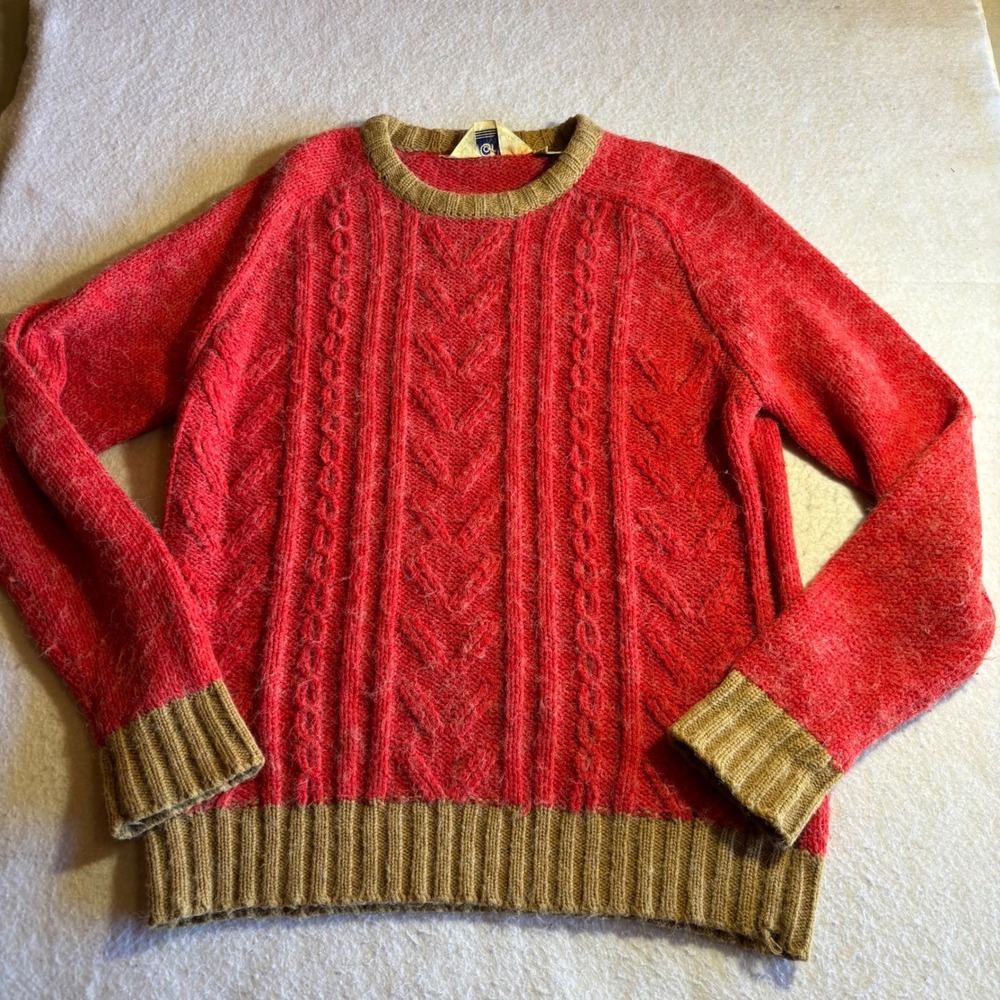 Vintage Van Cort Men's Red Cable Knit Sweater Crew Neck‎ L Acrylic Nylon Blend